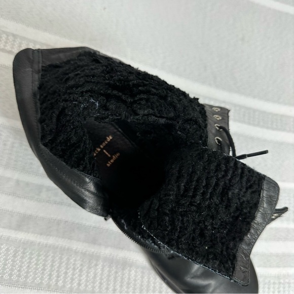 Black Suede Studio size 8 Black Lace Up Buckle Faux Sheep Fur Lined Combat Boot - Picture 13 of 15